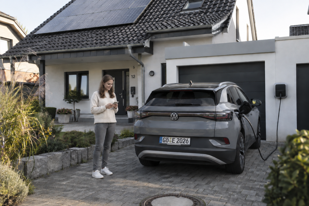 E-Auto lädt vor dem Haus mit PV auf dem Dach